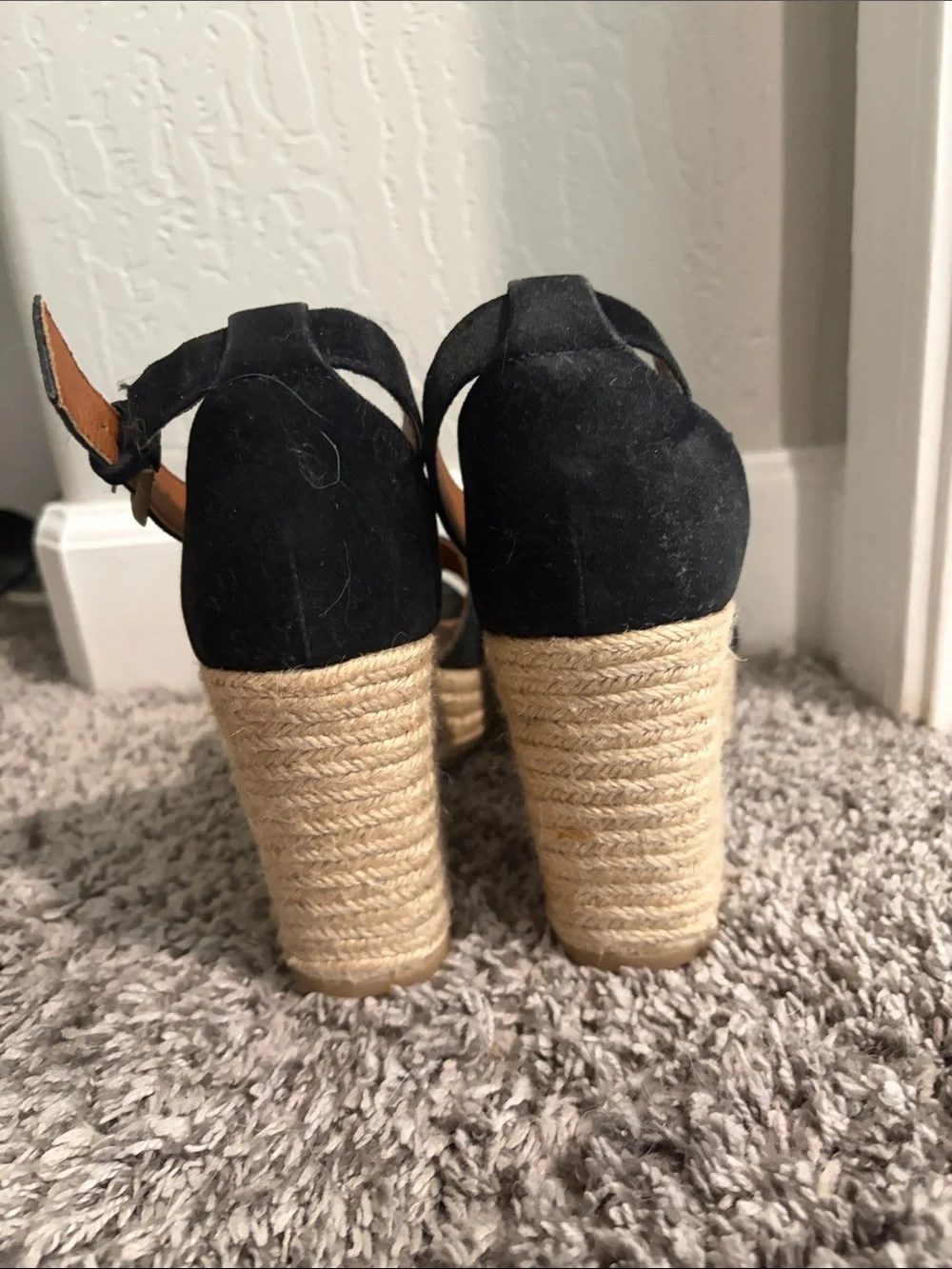 Women's Black Suede Wedge Sandals with Ankle Strap